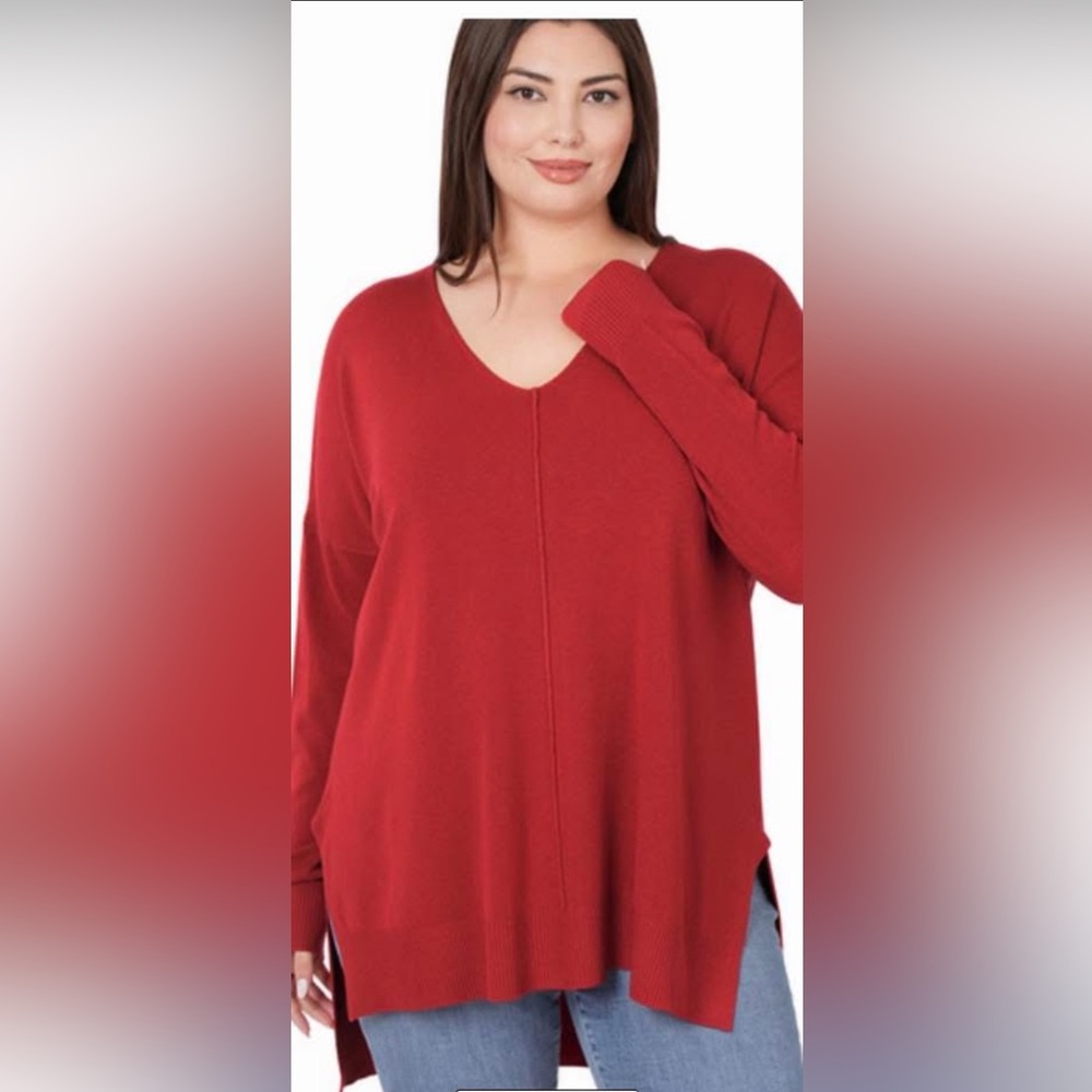 Zenana Outfitters NWOT Brick  Red V-Neck Lightweight Sweater With Slits